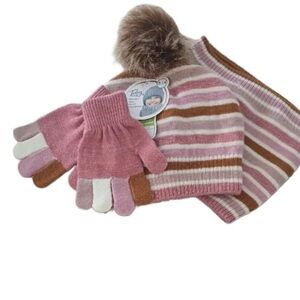 Cozy Striped Pink and Brown Kids Hat and Glove Set